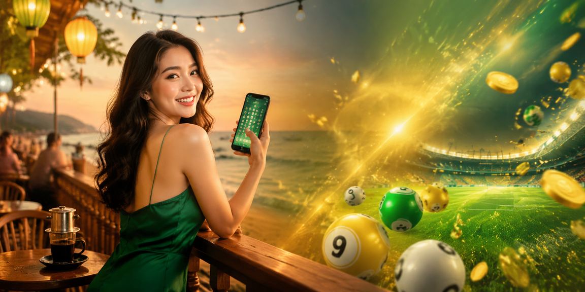 Người dùng tại Vũng Tàu xem thông tin xổ số và cá cược qua điện thoại bên ly cà phê
